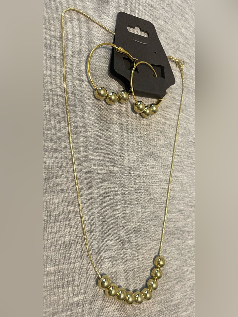 Gold Beaded Pendant Necklace and Hoop Earring Set - Women’s Jewelry